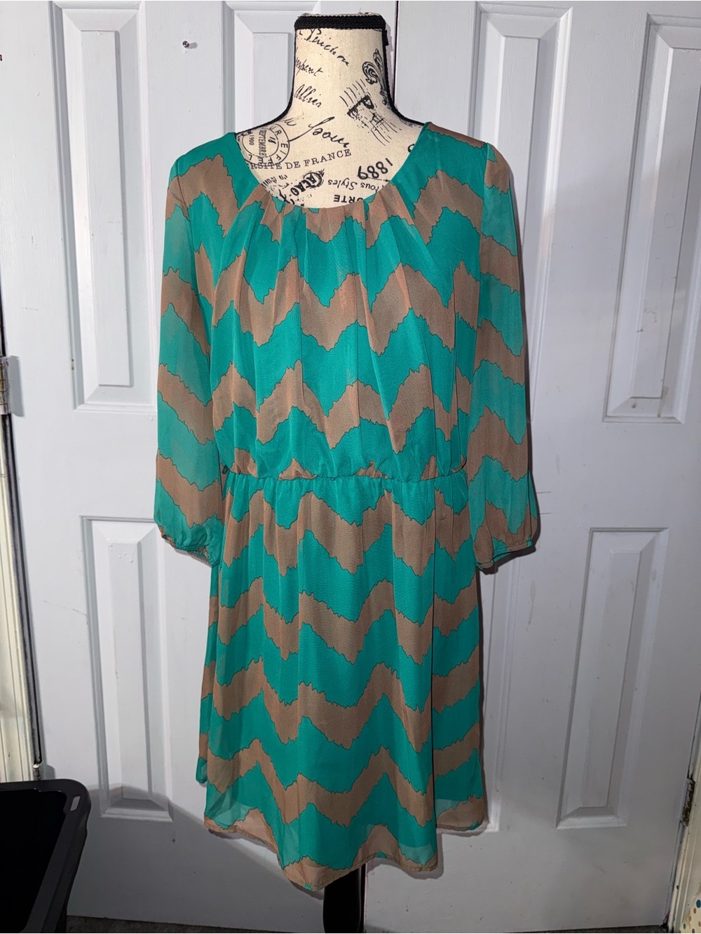 Charlotte Russe Teal and Tan Chevron Long Sleeve Dress